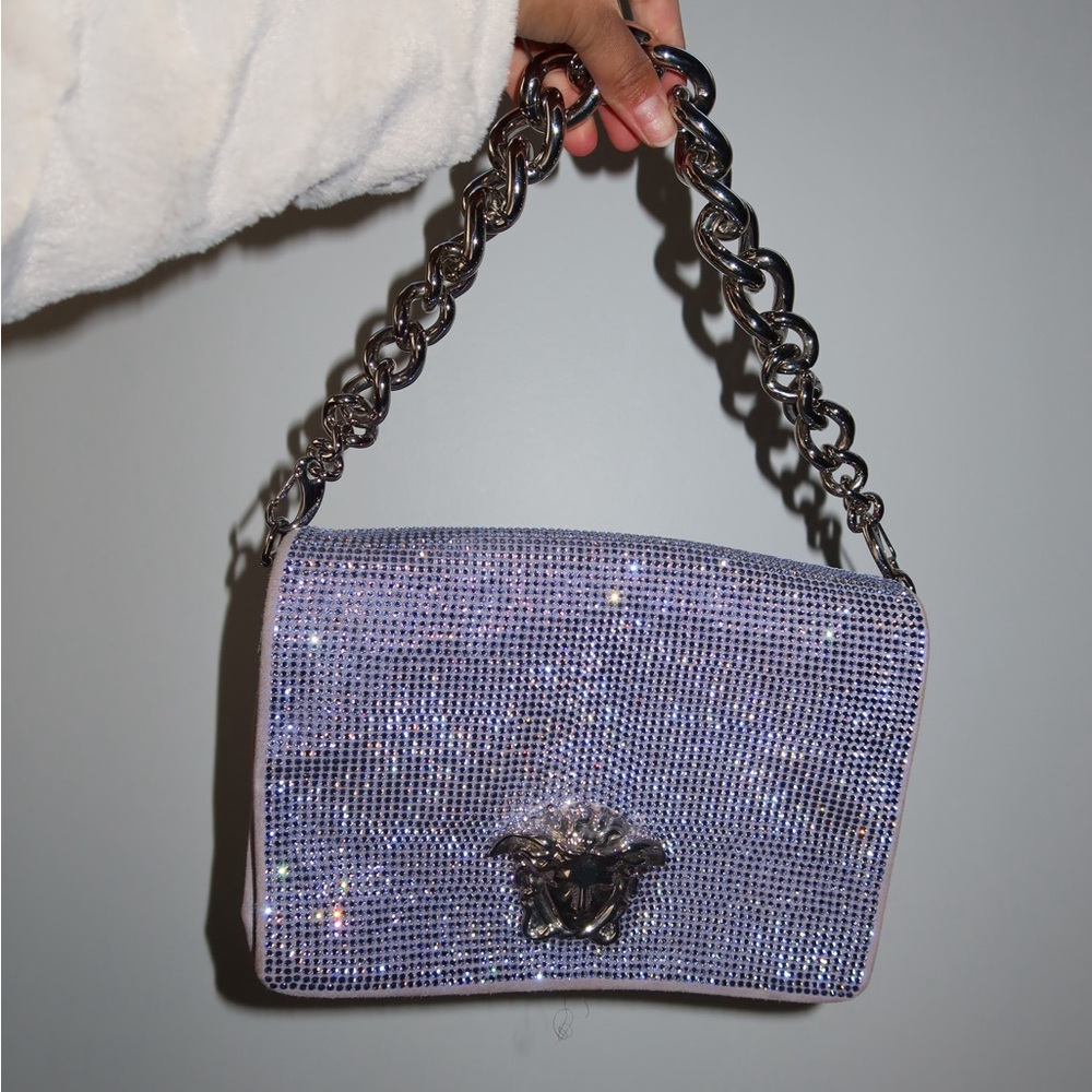 Versace Crystal Embellished Suede Silver Chain Bag